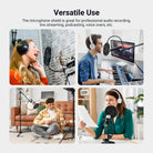 The microphone shield is great for professional audio recording, live streaming, podcasting, voice overs, etc.