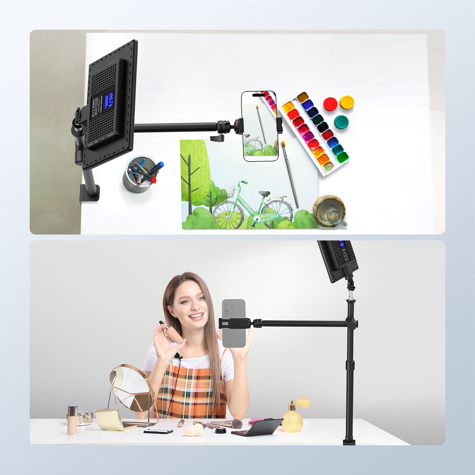 A girl is using the NEEWER DS024 Flexible Overhead Camera Table Stand for live streaming.