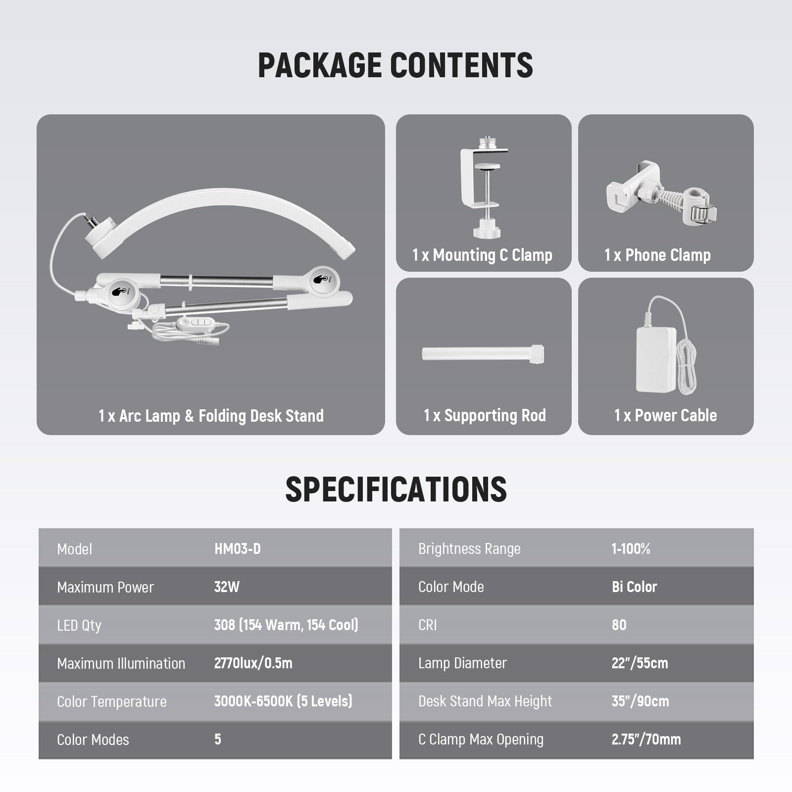 Specifications of the NEEWER BASICS HM03-D 30W 22" LED Folding Arc Lash Lamp