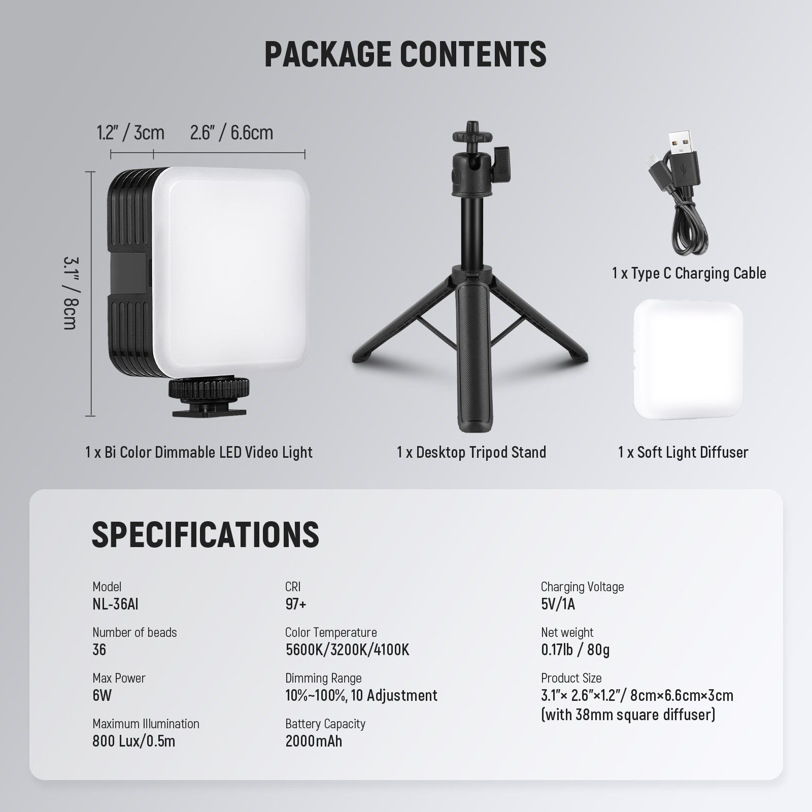 Package Contents of the NEEWER NL-36AI LED Video Light with Desk Tripod Stand