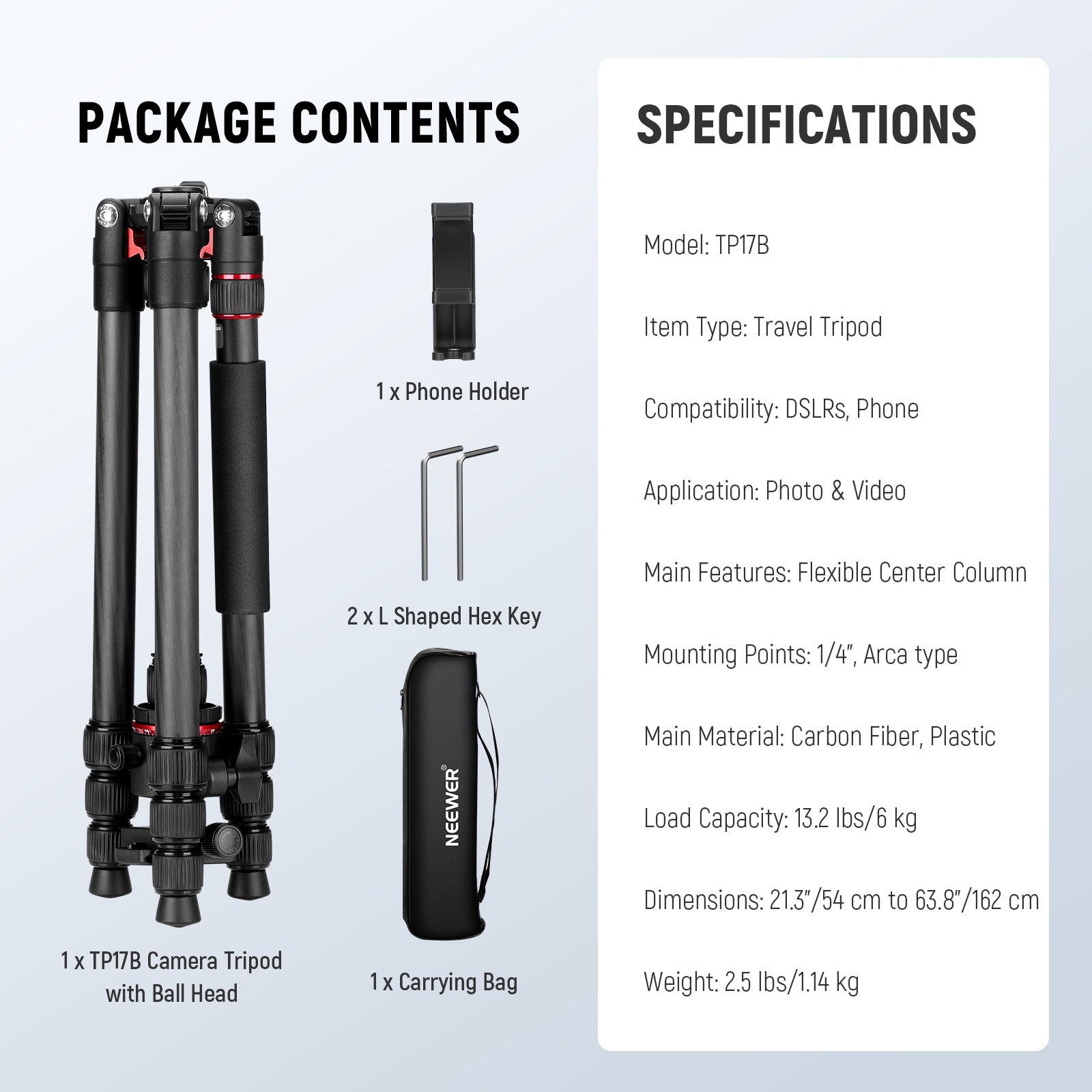 Specifications of the NEEWER TP17B Carbon Fiber Travel Tripod Monopod