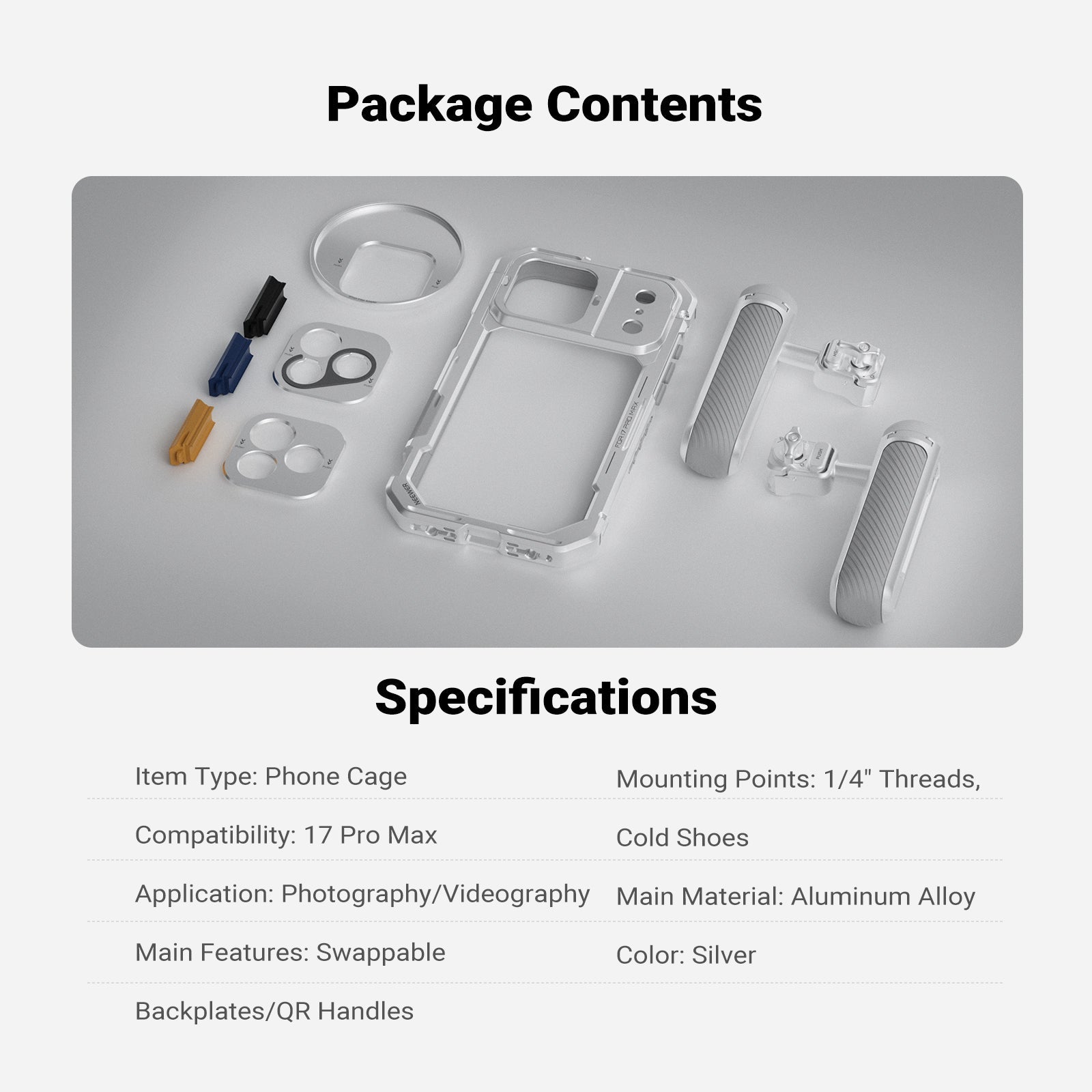 This package includes a phone cage, a filter adapter, a lens backplate, a QR side handle, and more.