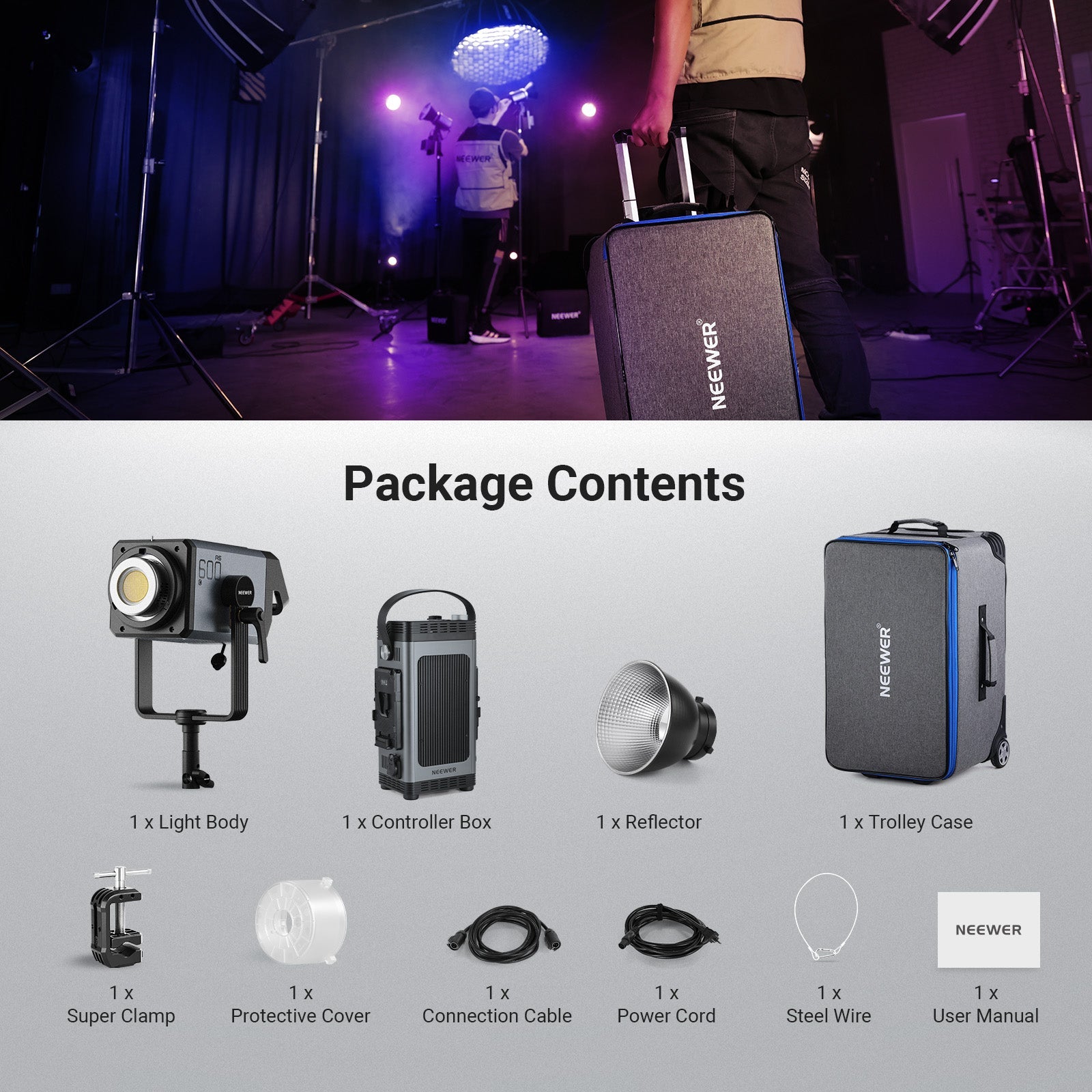 Package Contents of the NEEWER AS600C RGB COB Studio Video Light Kit