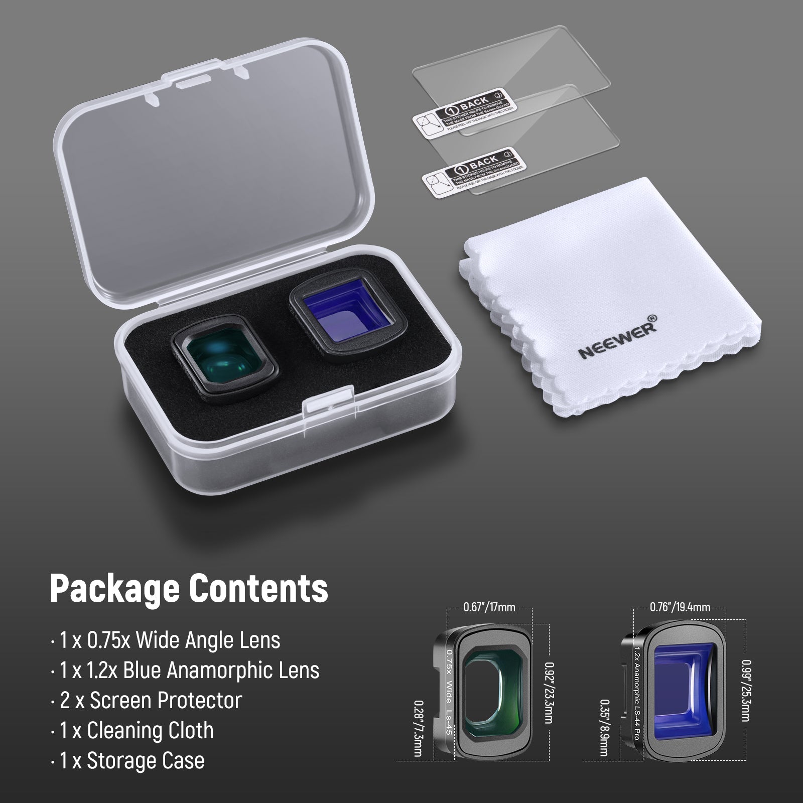 Package Contents of the NEEWER Wide Angle + Blue Anamorphic Lens Kit for Pocket 3
