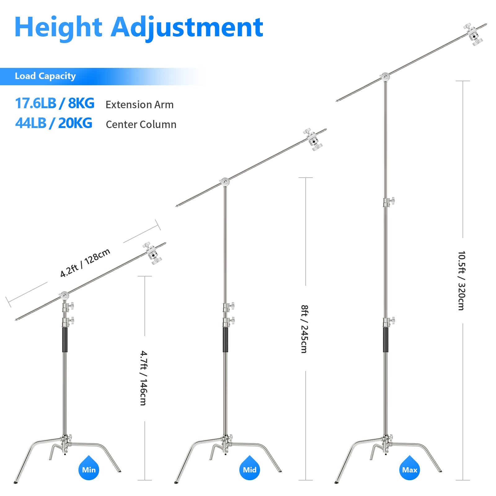 Neewer Pure Metal Max Height 11ft/331cm Adjustable Reflector Stand